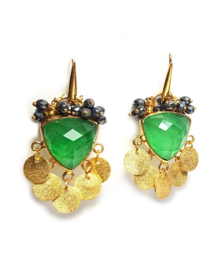 Silver 925 Handmade Earrings, green Jade, Quartz and Hematites S142-69
