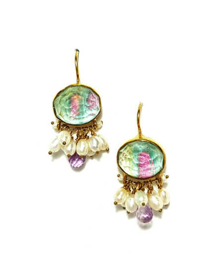 Handmade Silver 925 Earrings, Fuxite and Ruby, Amethyst and Pearls S928B-57